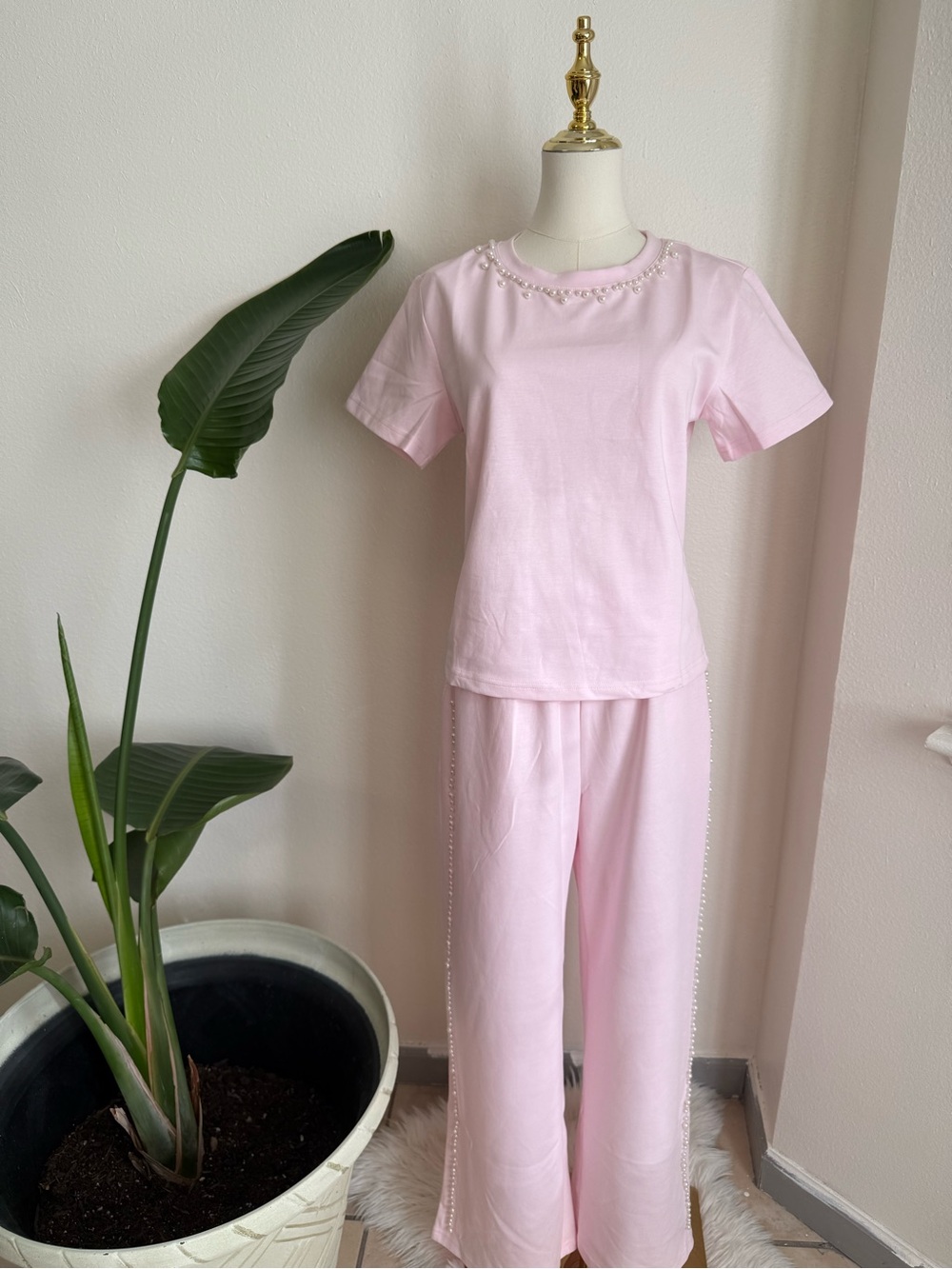 Girls' Pink Pearl-Trim Pajama Set